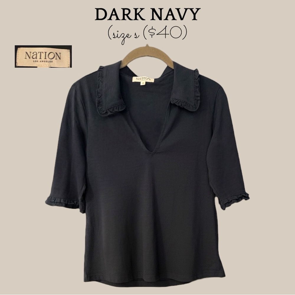 Nation LA Dark Navy Ruffle Collar V-Neck Top